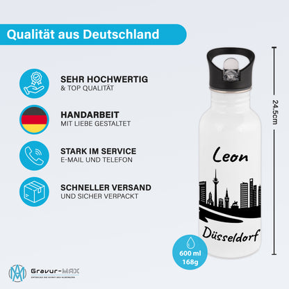 Trinkflasche in Weiß 600ml aus Edelstahl bedruckt mit der Skyline von Düsseldorf personalisierbar mit Wunschname