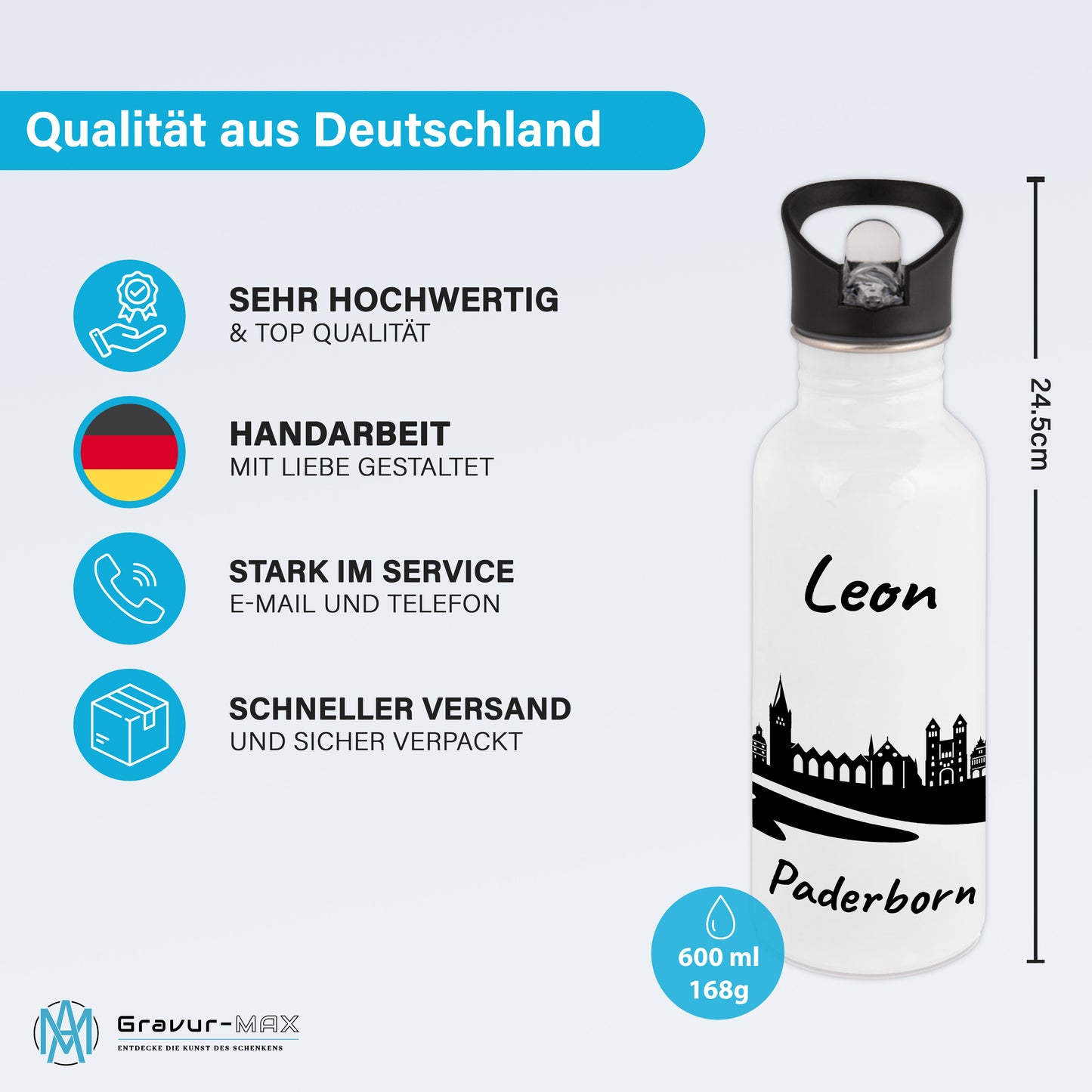 Trinkflasche in Weiß 600ml aus Edelstahl bedruckt mit der Skyline von Paderborn personalisierbar mit Wunschname