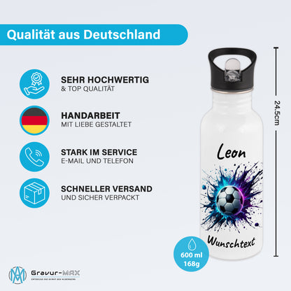 Trinkflasche mit Strohhalm in Weiß 600ml bedruckt mit Fußball Motiven"Motiv10" personalisierbar für Kinder mit Wunschname aus Edelstahl