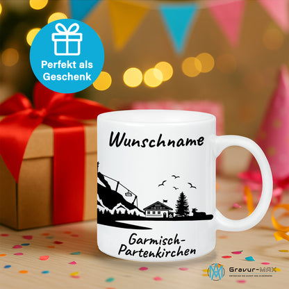 Tasse in Weiß 330ml bedruckt mit der Skyline von Garmisch-Partenkirchen personalisierbar mit Wunschname