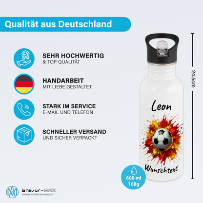 Trinkflasche mit Strohhalm in Weiß 600ml bedruckt mit Fußball Motiven"Motiv9" personalisierbar für Kinder mit Wunschname aus Edelstahl