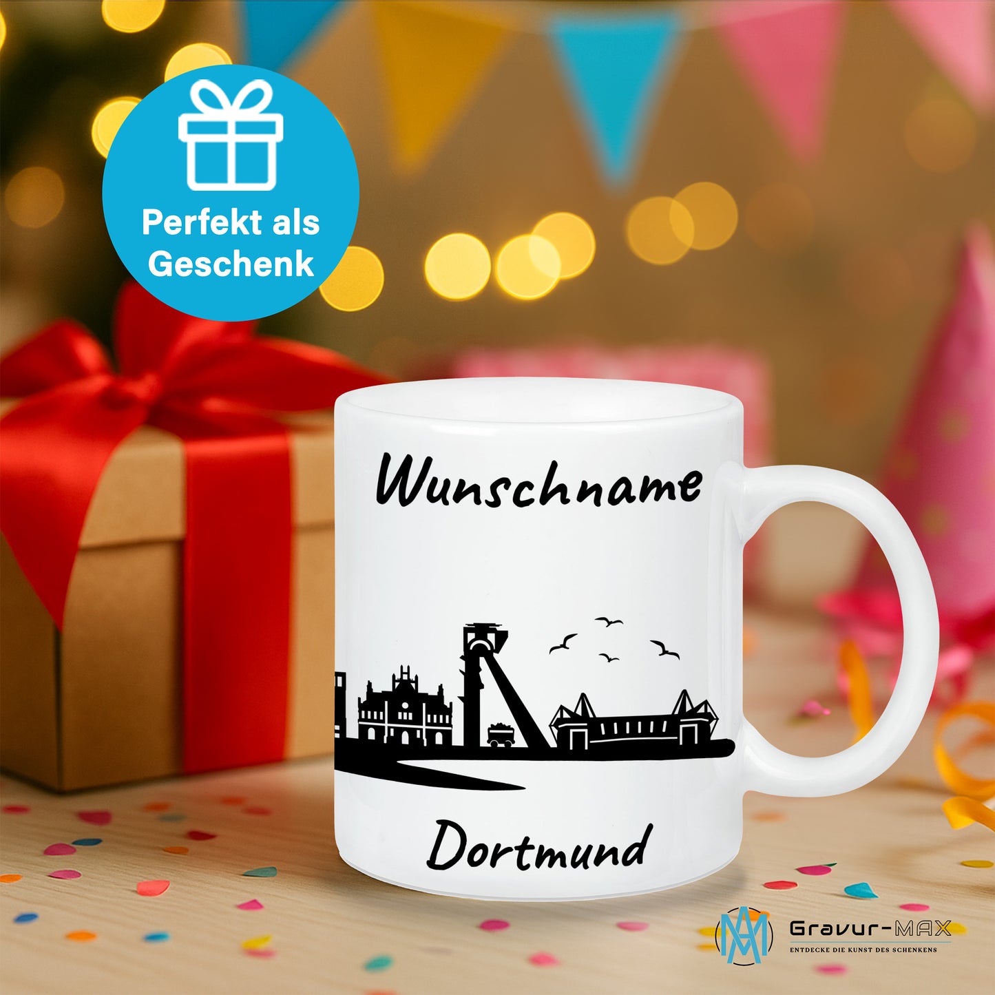 Tasse in Weiß 330ml bedruckt mit der Skyline von Dortmund personalisierbar mit Wunschname