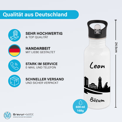 Trinkflasche in Weiß 600ml aus Edelstahl bedruckt mit der Skyline von Büsum personalisierbar mit Wunschname