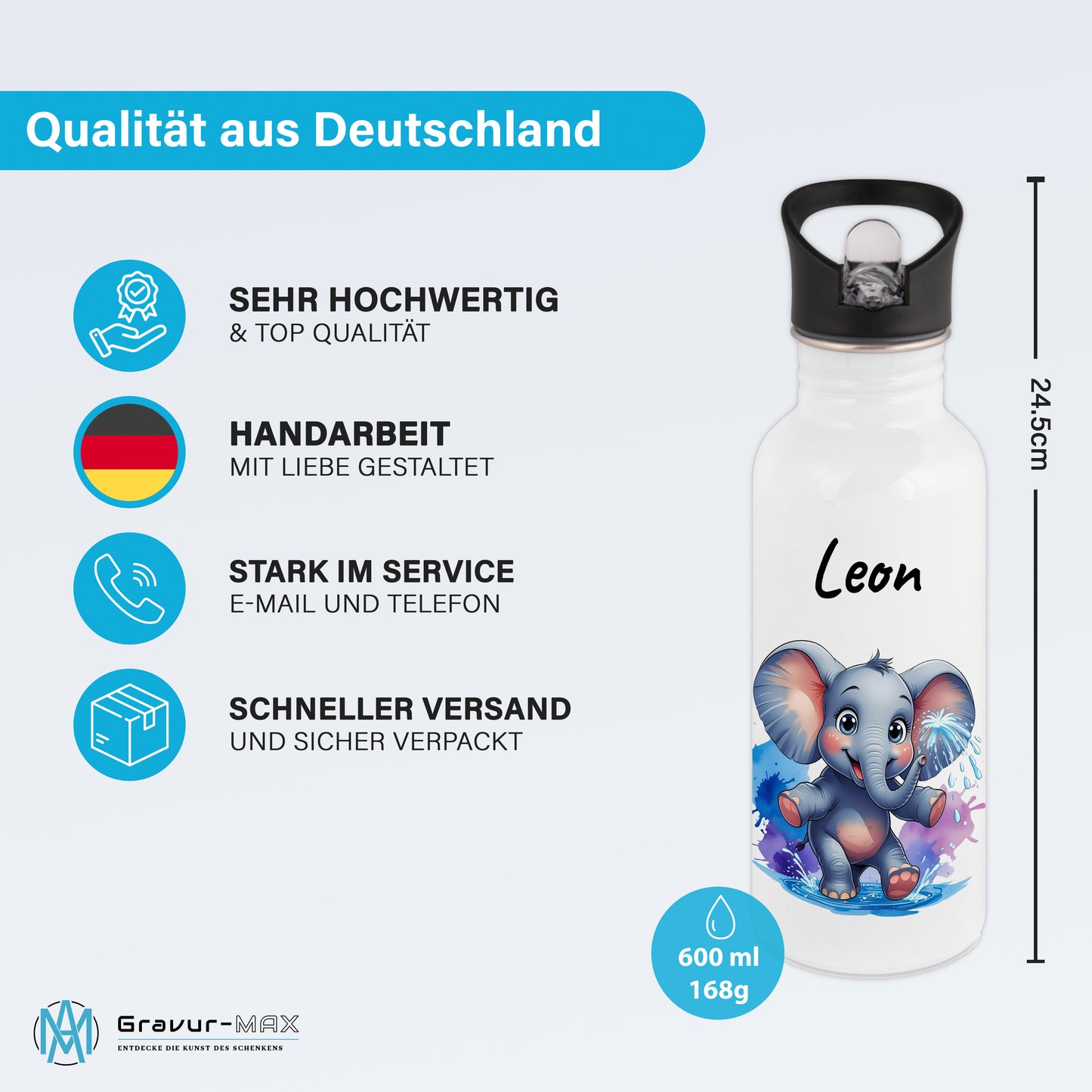 Trinkflasche mit Strohhalm in Weiß 600ml bedruckt mit niedlichen Tieren"Elefant" personalisierbar für Kinder mit Wunschname aus Edelstahl