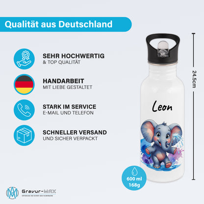 Trinkflasche mit Strohhalm in Weiß 600ml bedruckt mit niedlichen Tieren"Elefant" personalisierbar für Kinder mit Wunschname aus Edelstahl