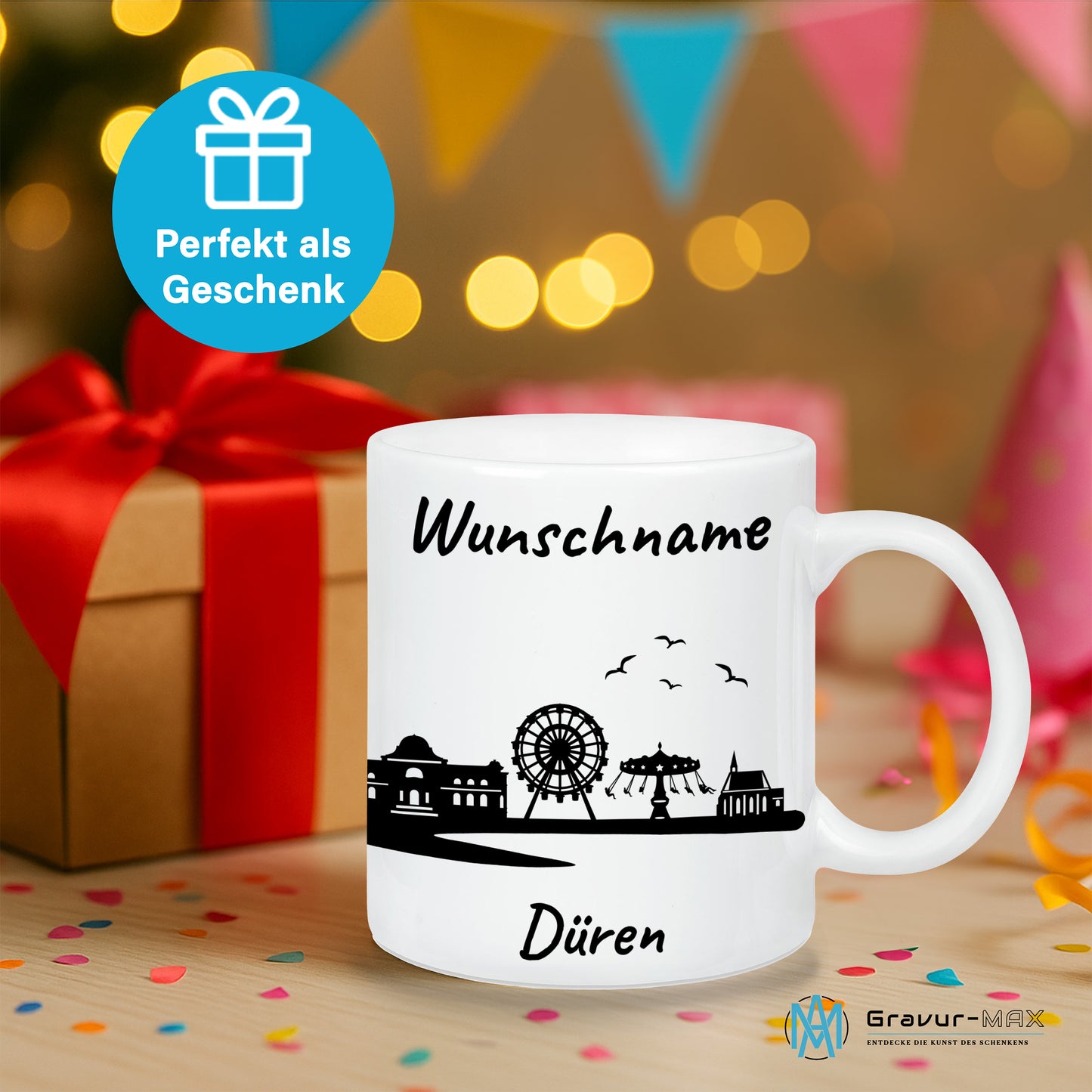 Tasse in Weiß 330ml bedruckt mit der Skyline von Düren personalisierbar mit Wunschname