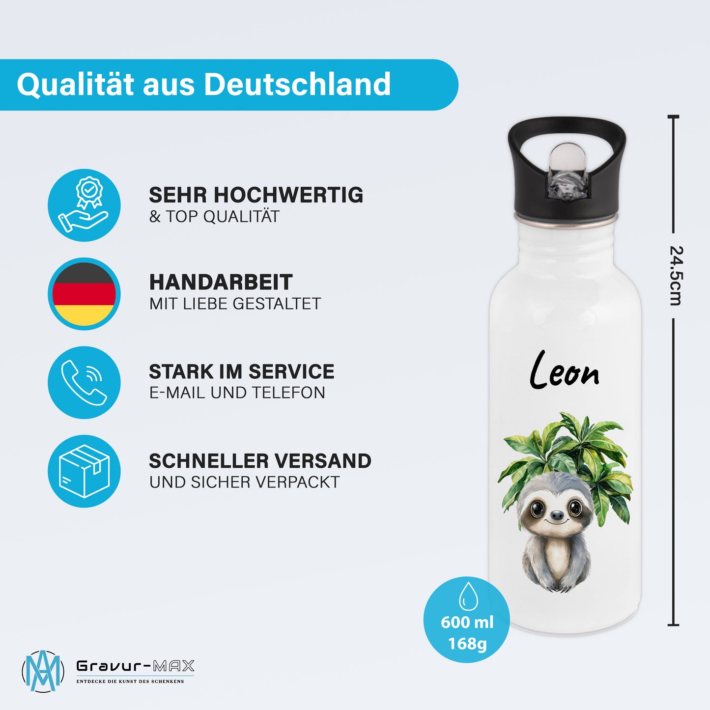 Trinkflasche mit Strohhalm in Weiß 600ml bedruckt mit Dschungel Tieren"Faultier" personalisierbar für Kinder mit Wunschname aus Edelstahl
