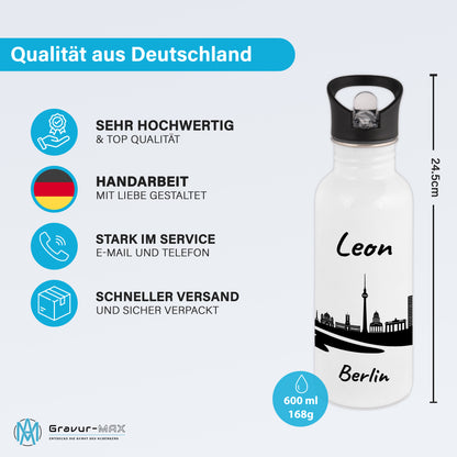 Trinkflasche in Weiß 600ml aus Edelstahl bedruckt mit der Skyline von Berlin personalisierbar mit Wunschname