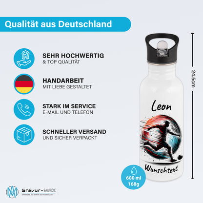 Trinkflasche mit Strohhalm in Weiß 600ml bedruckt mit Fußball Motiven"Motiv3" personalisierbar für Kinder mit Wunschname aus Edelstahl