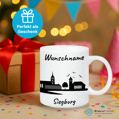 Tasse in Weiß 330ml bedruckt mit der Skyline von Siegburg personalisierbar mit Wunschname