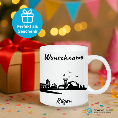Tasse in Weiß 330ml bedruckt mit der Skyline von Rügen personalisierbar mit Wunschname