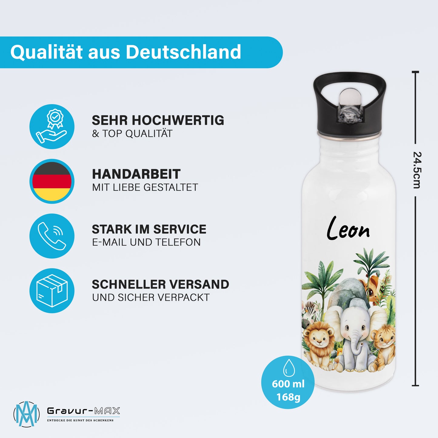 Trinkflasche mit Strohhalm in Weiß 600ml bedruckt mit Dschungel Tieren"Dschungel Tiere" personalisierbar für Kinder mit Wunschname aus Edelstahl