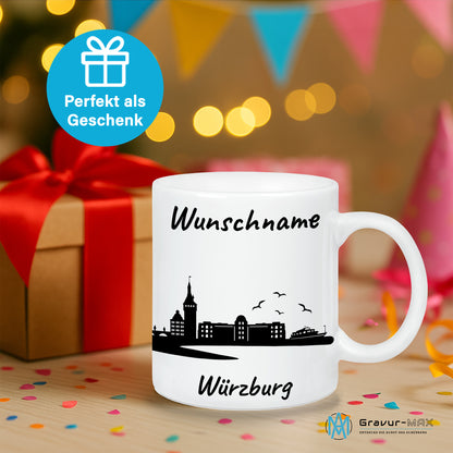 Tasse in Weiß 330ml bedruckt mit der Skyline von Würzburg personalisierbar mit Wunschname