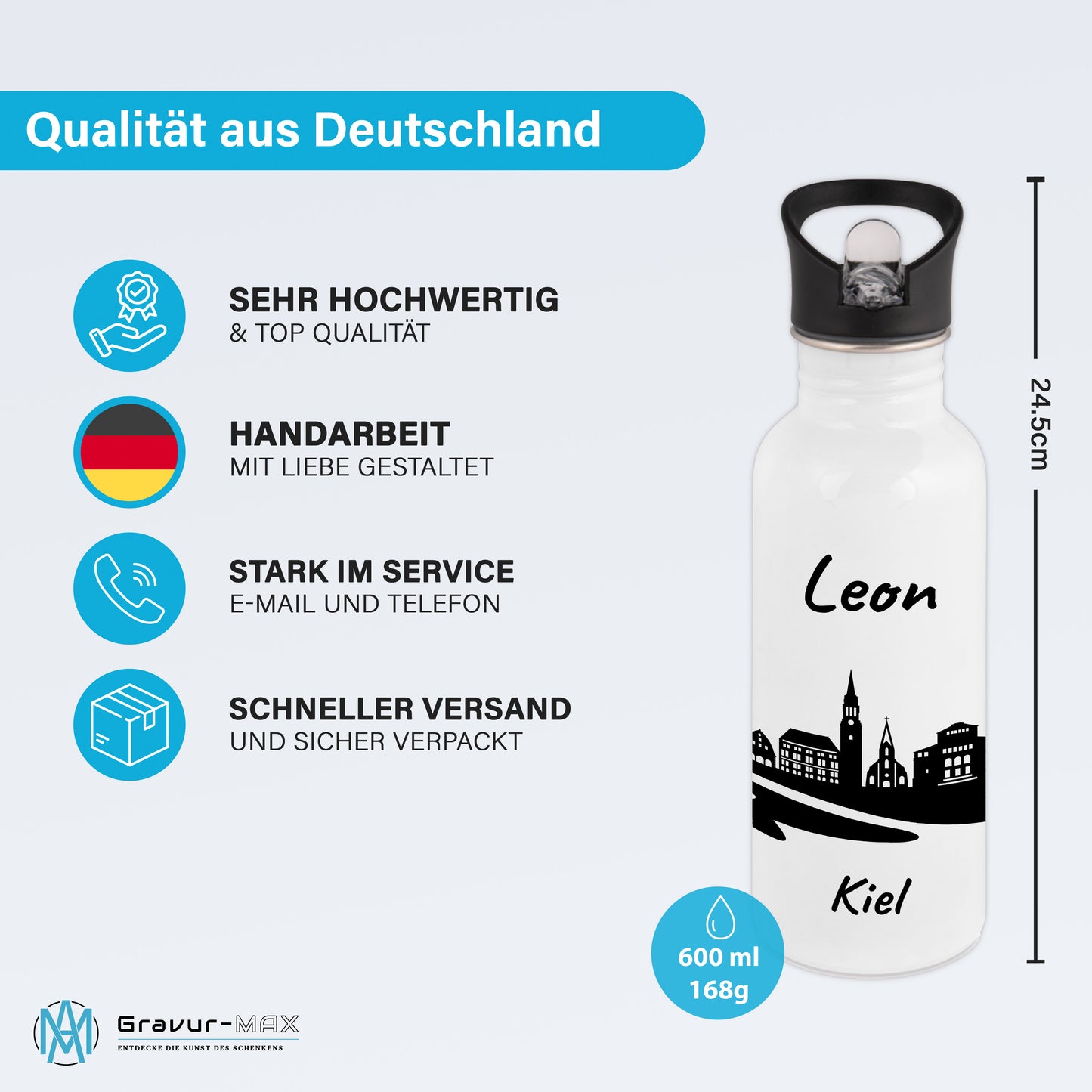 Trinkflasche in Weiß 600ml aus Edelstahl bedruckt mit der Skyline von Kiel personalisierbar mit Wunschname