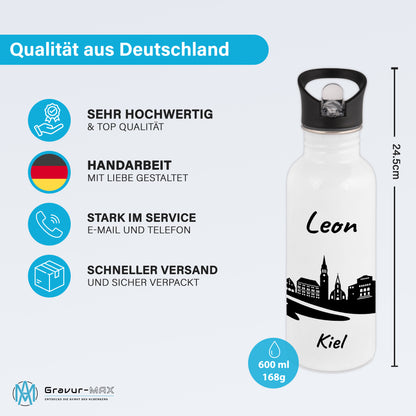 Trinkflasche in Weiß 600ml aus Edelstahl bedruckt mit der Skyline von Kiel personalisierbar mit Wunschname