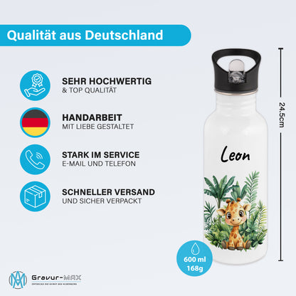 Trinkflasche mit Strohhalm in Weiß 600ml bedruckt mit Dschungel Tieren"Giraffe" personalisierbar für Kinder mit Wunschname aus Edelstahl