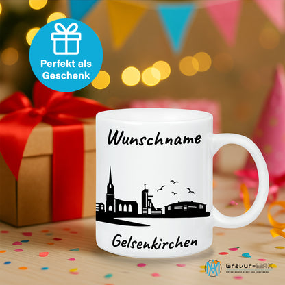 Tasse in Weiß 330ml bedruckt mit der Skyline von Gelsenkirchen personalisierbar mit Wunschname