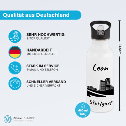 Trinkflasche in Weiß 600ml aus Edelstahl bedruckt mit der Skyline von Stuttgart personalisierbar mit Wunschname