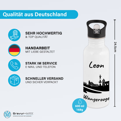 Trinkflasche in Weiß 600ml aus Edelstahl bedruckt mit der Skyline von Wangerooge personalisierbar mit Wunschname