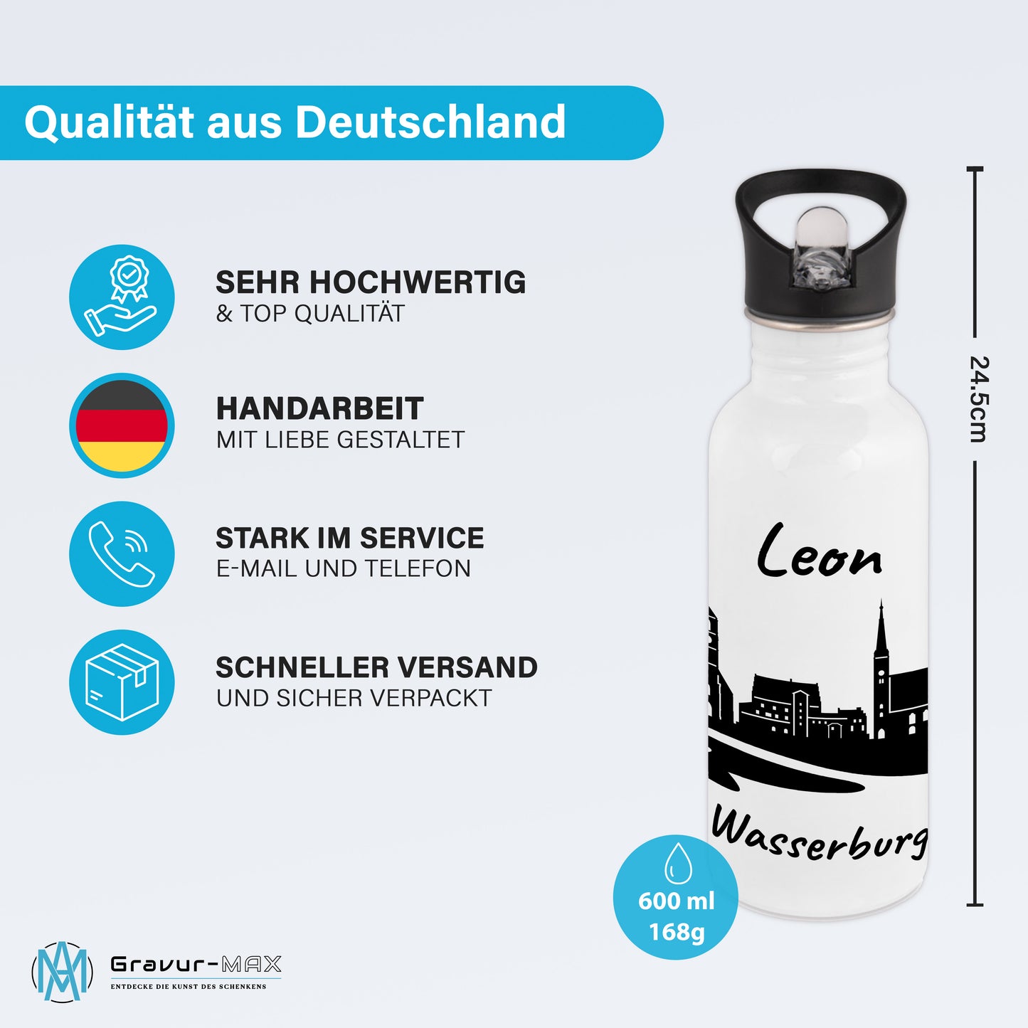 Trinkflasche in Weiß 600ml aus Edelstahl bedruckt mit der Skyline von Wasserburg personalisierbar mit Wunschname