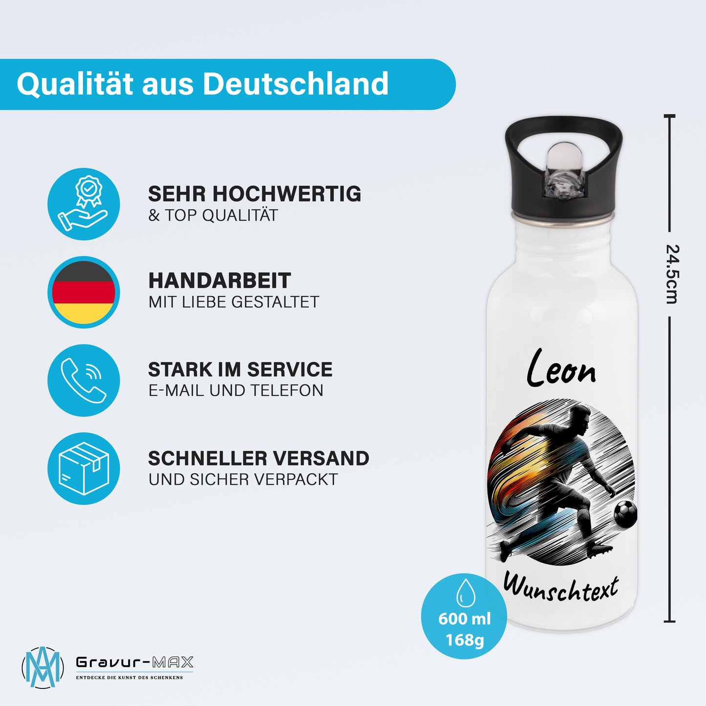 Trinkflasche mit Strohhalm in Weiß 600ml bedruckt mit Fußball Motiven"Motiv2" personalisierbar für Kinder mit Wunschname aus Edelstahl