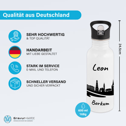 Trinkflasche in Weiß 600ml aus Edelstahl bedruckt mit der Skyline von Borkum personalisierbar mit Wunschname