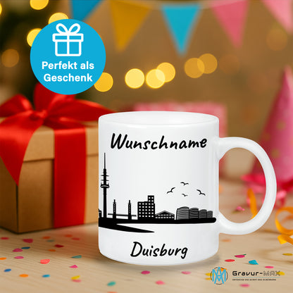 Tasse in Weiß 330ml bedruckt mit der Skyline von Duisburg personalisierbar mit Wunschname