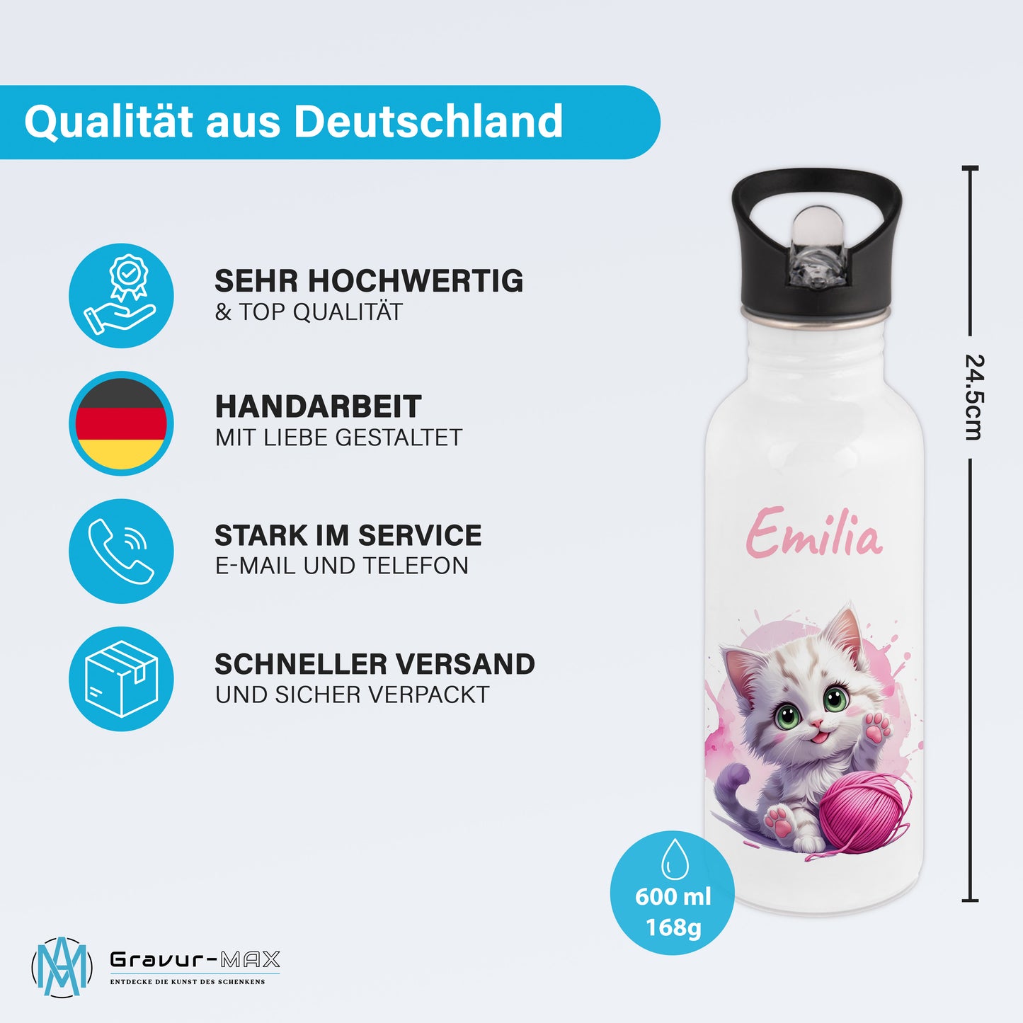 Trinkflasche mit Strohhalm in Weiß 600ml bedruckt mit niedlichen Tieren"Katze" personalisierbar für Kinder mit Wunschname aus Edelstahl