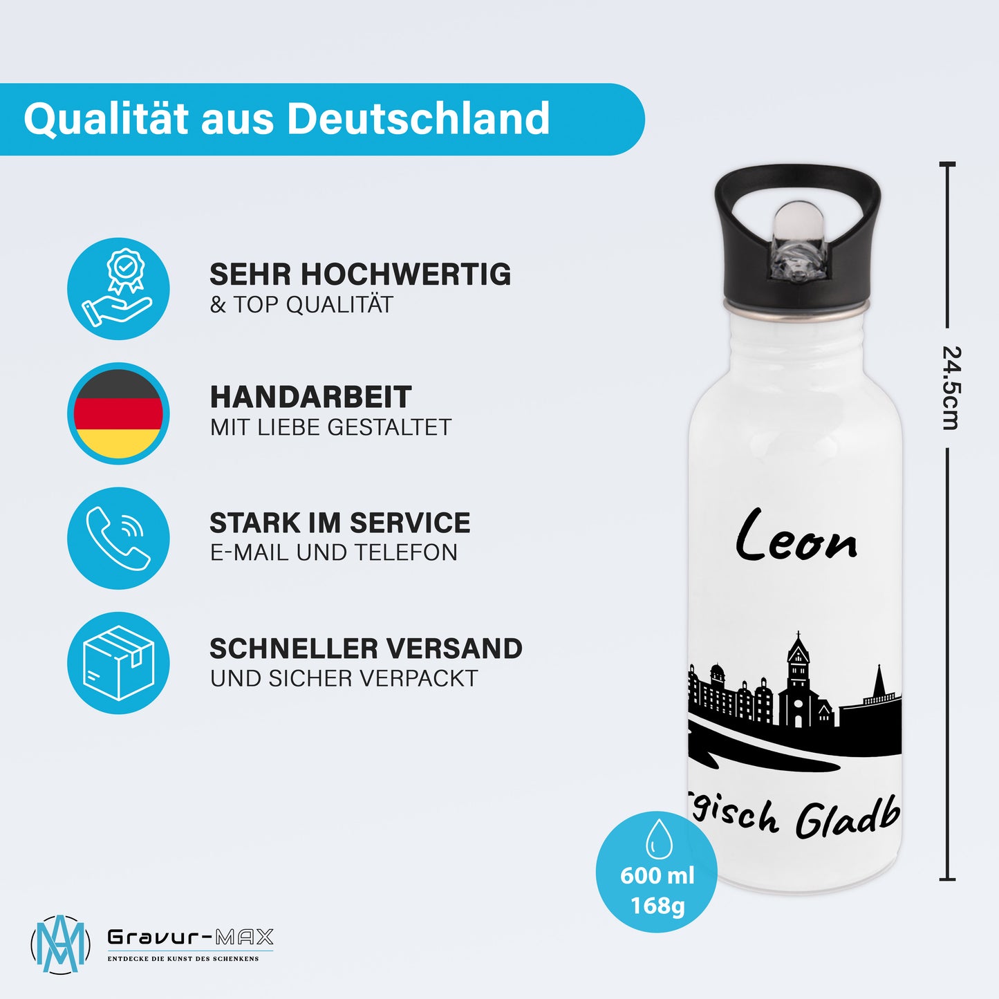 Trinkflasche in Weiß 600ml aus Edelstahl bedruckt mit der Skyline von Bergisch Gladbach personalisierbar mit Wunschname
