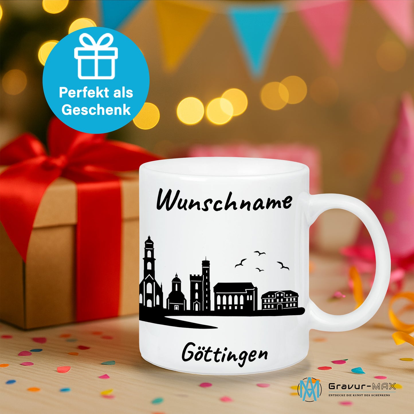 Tasse in Weiß 330ml bedruckt mit der Skyline von Göttingen personalisierbar mit Wunschname