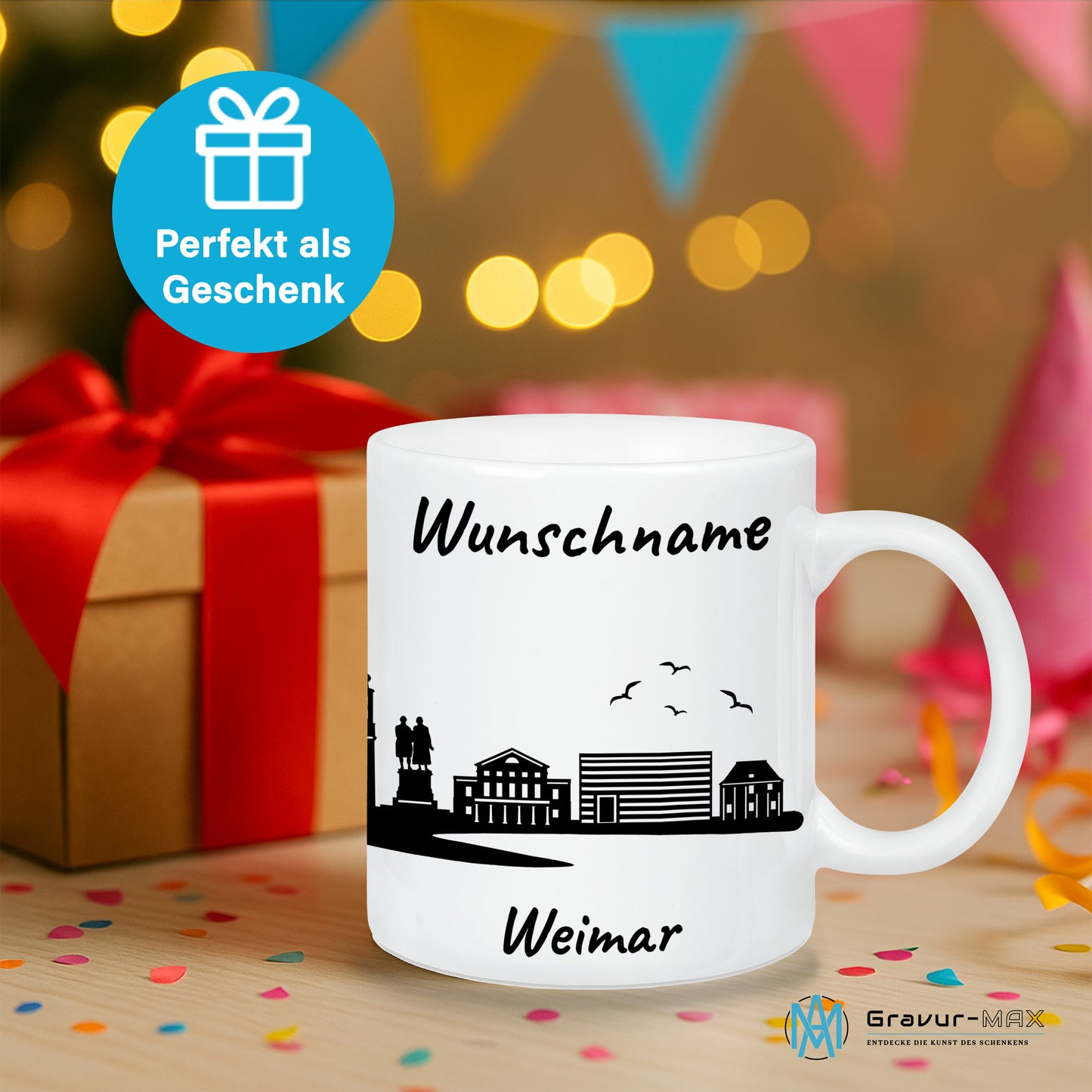 Tasse in Weiß 330ml bedruckt mit der Skyline von Weimar personalisierbar mit Wunschname
