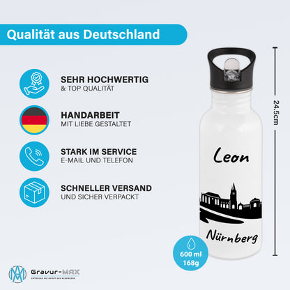 Trinkflasche in Weiß 600ml aus Edelstahl bedruckt mit der Skyline von Nürnberg personalisierbar mit Wunschname