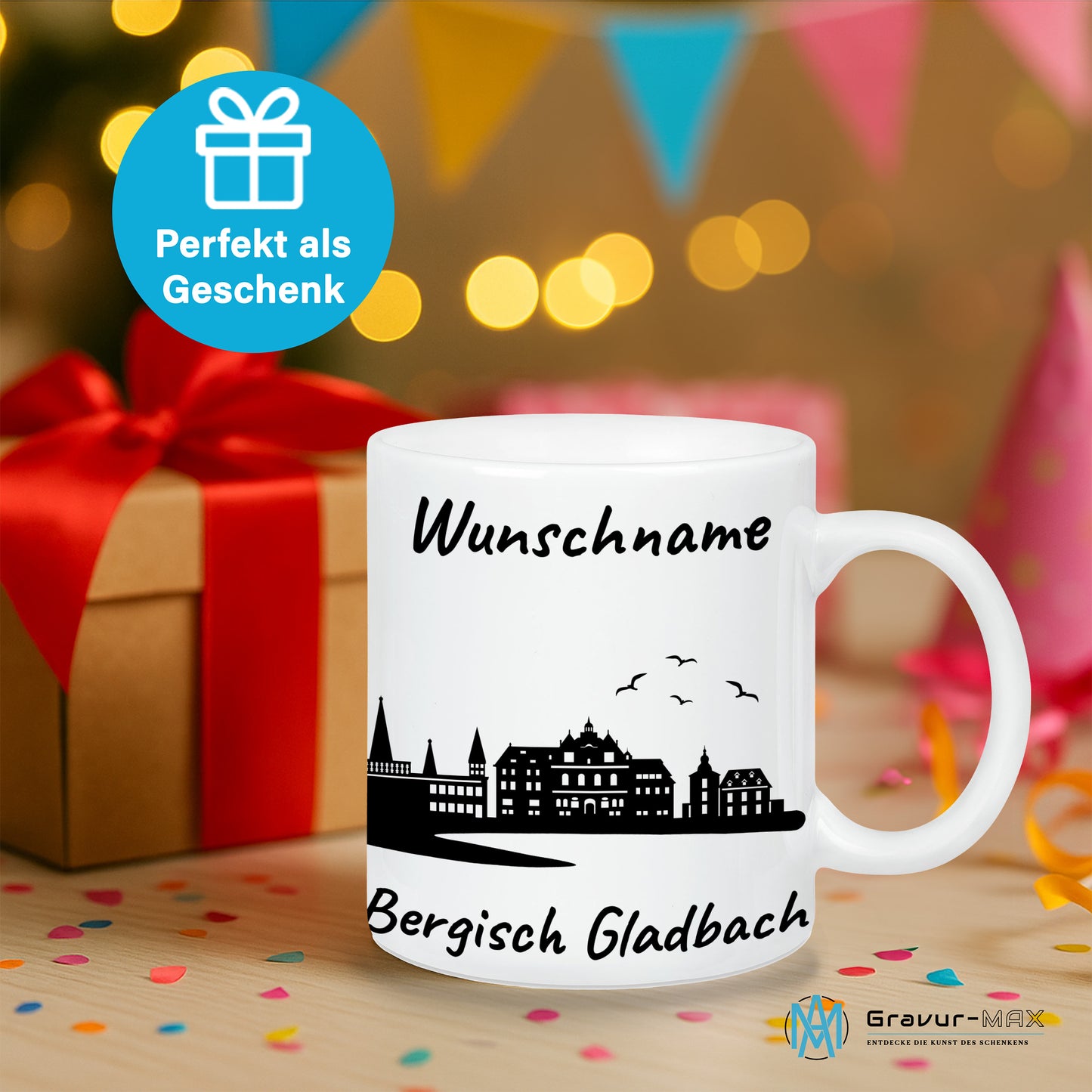 Tasse in Weiß 330ml bedruckt mit der Skyline von Bergisch Gladbach personalisierbar mit Wunschname