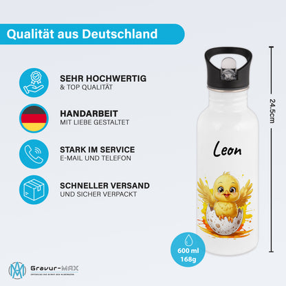Trinkflasche mit Strohhalm in Weiß 600ml bedruckt mit niedlichen Tieren"Küken" personalisierbar für Kinder mit Wunschname aus Edelstahl