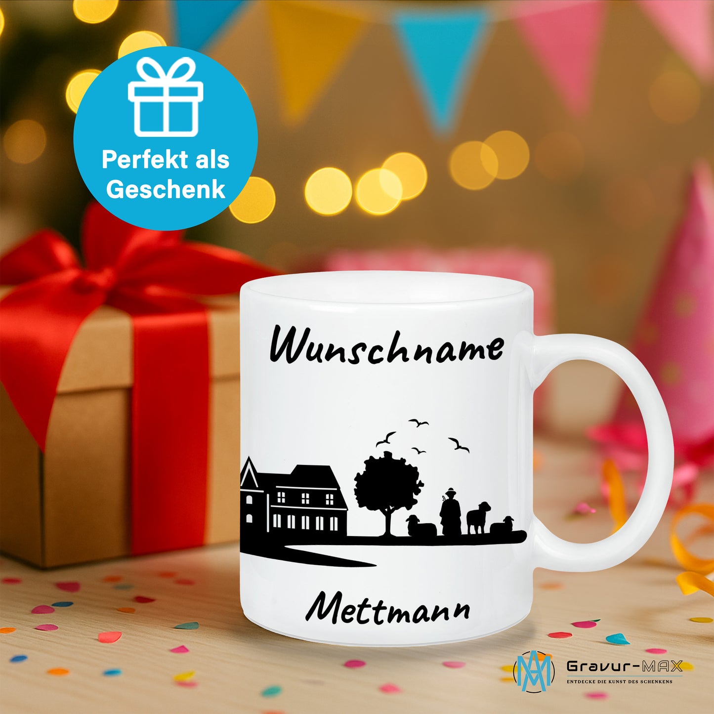Tasse in Weiß 330ml bedruckt mit der Skyline von Mettmann personalisierbar mit Wunschname