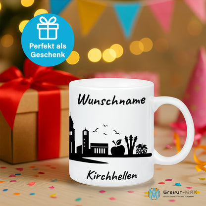 Tasse in Weiß 330ml bedruckt mit der Skyline von Kirchhellen personalisierbar mit Wunschname