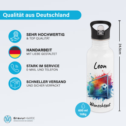 Trinkflasche mit Strohhalm in Weiß 600ml bedruckt mit Fußball Motiven"Motiv5" personalisierbar für Kinder mit Wunschname aus Edelstahl
