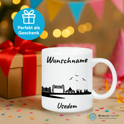 Tasse in Weiß 330ml bedruckt mit der Skyline von Usedom personalisierbar mit Wunschname