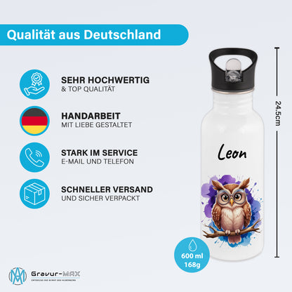 Trinkflasche mit Strohhalm in Weiß 600ml bedruckt mit niedlichen Tieren"Eule" personalisierbar für Kinder mit Wunschname aus Edelstahl