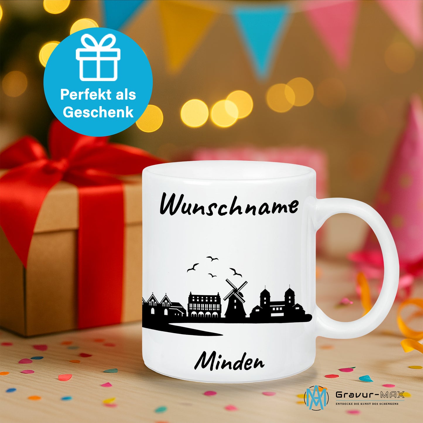 Tasse in Weiß 330ml bedruckt mit der Skyline von Minden personalisierbar mit Wunschname