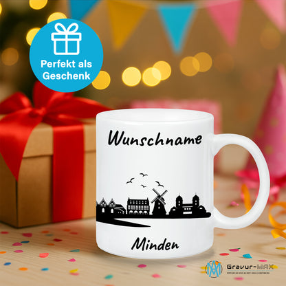Tasse in Weiß 330ml bedruckt mit der Skyline von Minden personalisierbar mit Wunschname