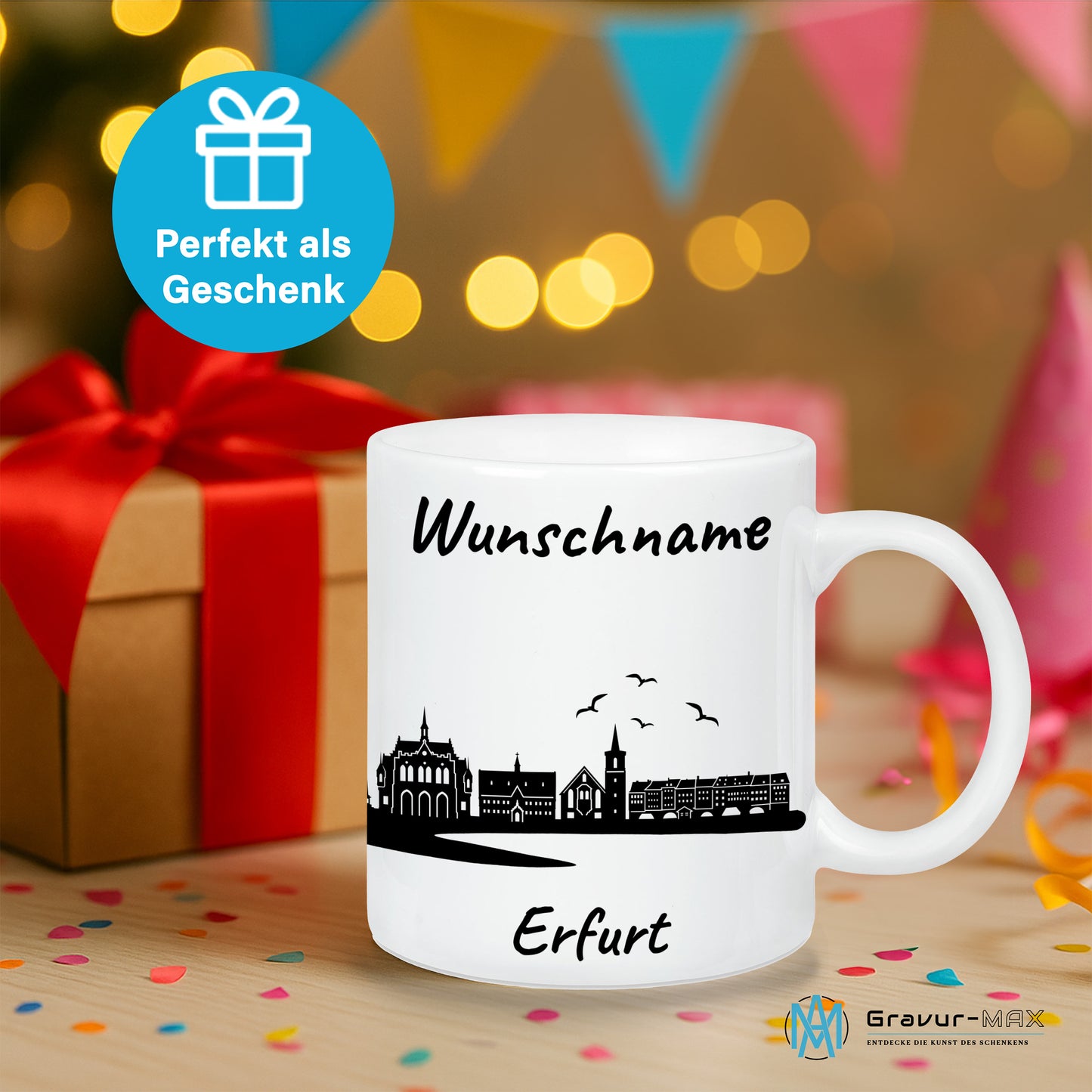 Tasse in Weiß 330ml bedruckt mit der Skyline von Erfurt personalisierbar mit Wunschname