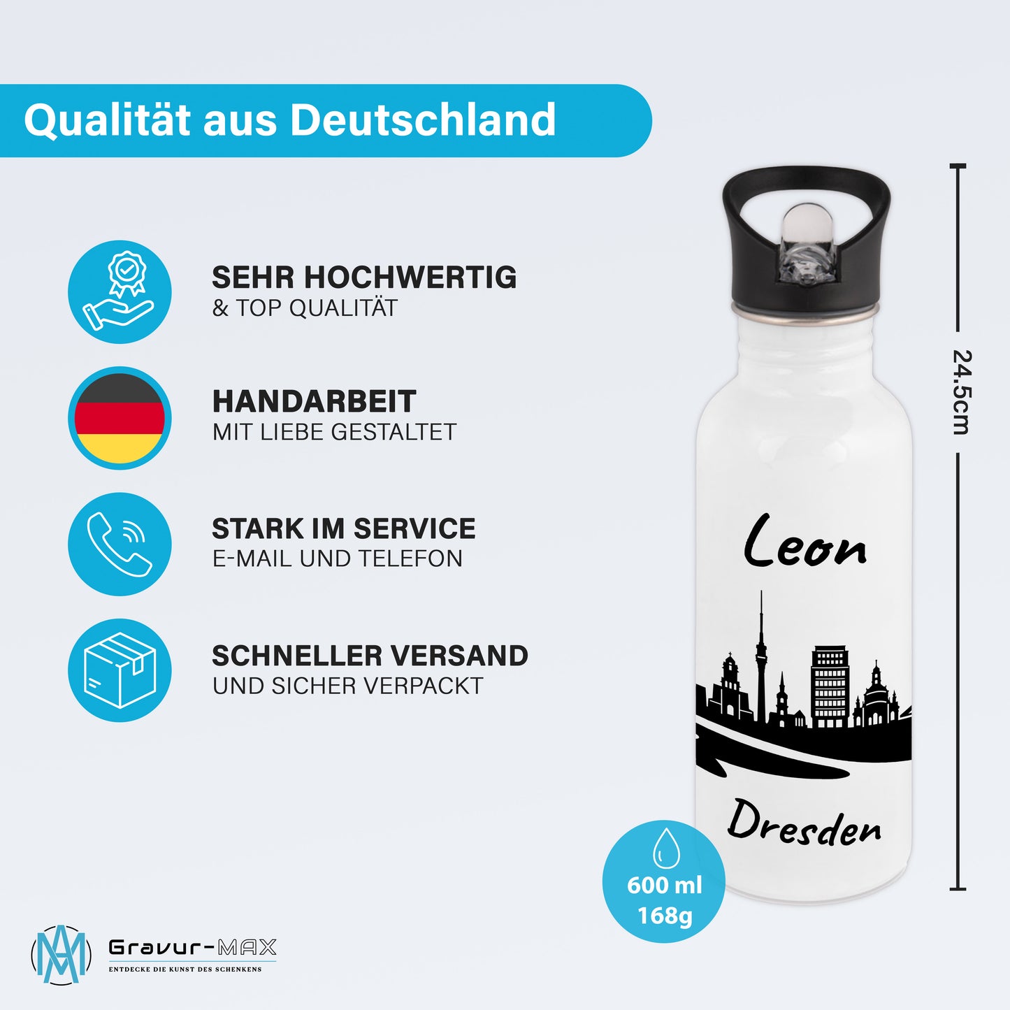 Trinkflasche in Weiß 600ml aus Edelstahl bedruckt mit der Skyline von Dresden personalisierbar mit Wunschname