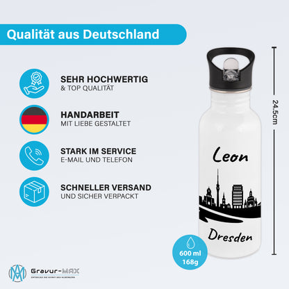 Trinkflasche in Weiß 600ml aus Edelstahl bedruckt mit der Skyline von Dresden personalisierbar mit Wunschname