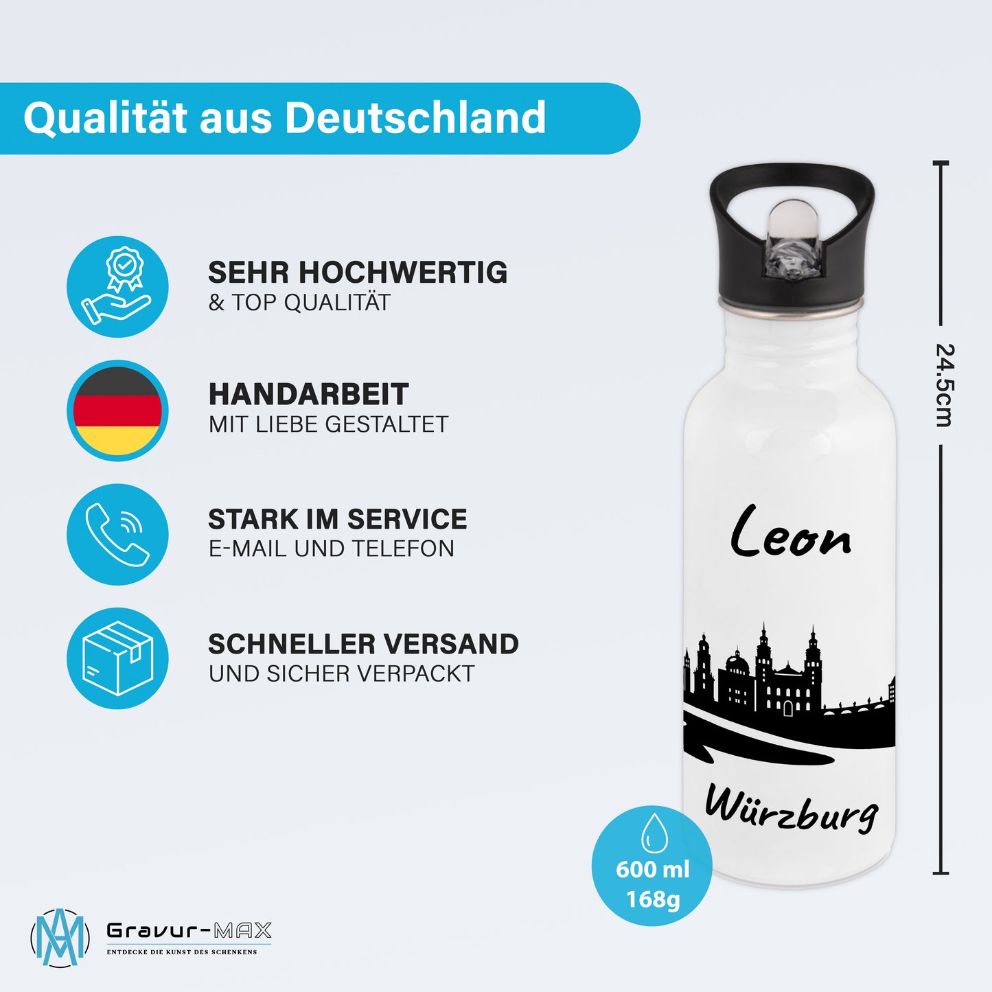 Trinkflasche in Weiß 600ml aus Edelstahl bedruckt mit der Skyline von Würzburg personalisierbar mit Wunschname