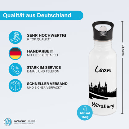 Trinkflasche in Weiß 600ml aus Edelstahl bedruckt mit der Skyline von Würzburg personalisierbar mit Wunschname