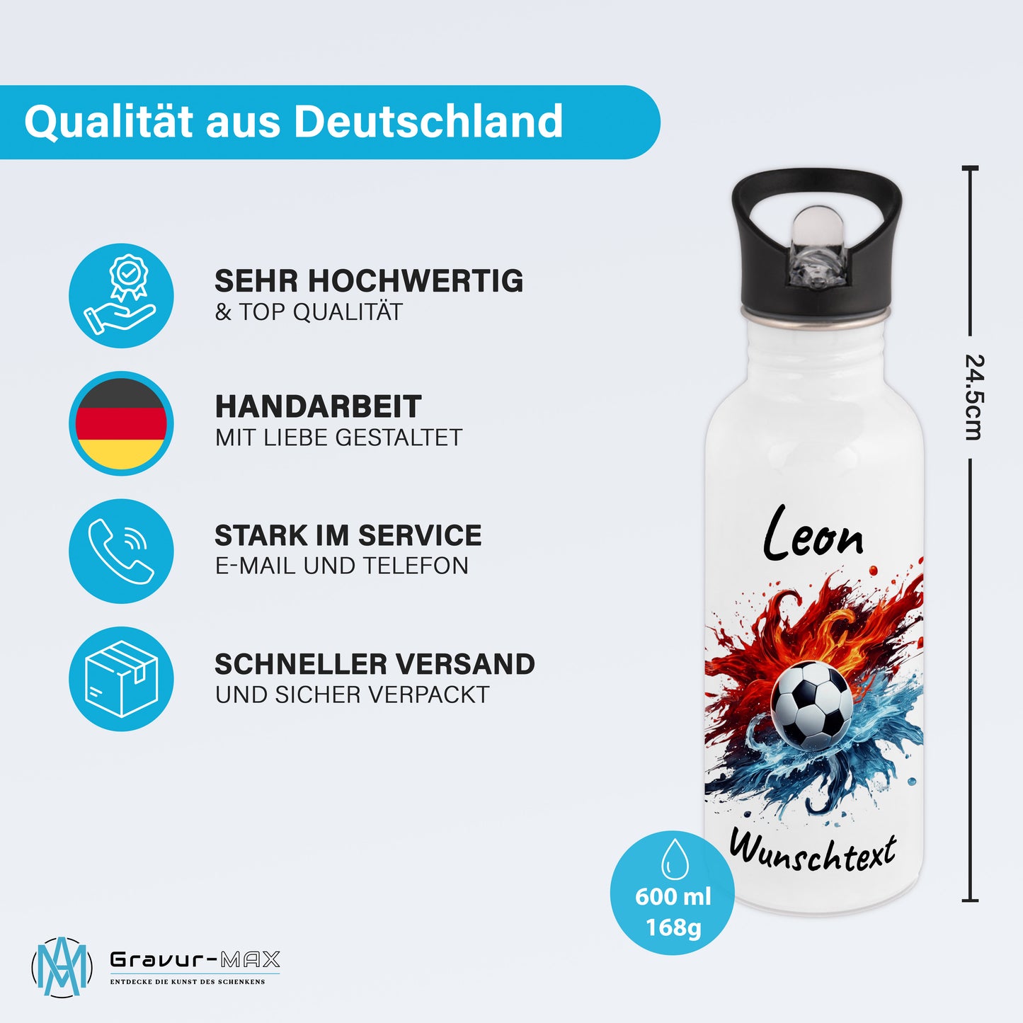 Trinkflasche mit Strohhalm in Weiß 600ml bedruckt mit Fußball Motiven"Motiv12" personalisierbar für Kinder mit Wunschname aus Edelstahl