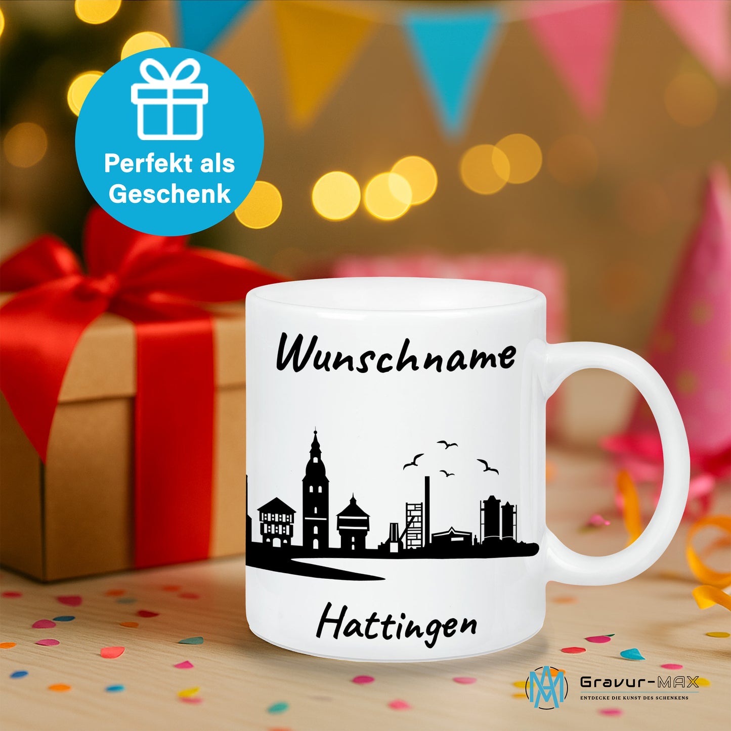Tasse in Weiß 330ml bedruckt mit der Skyline von Hattingen personalisierbar mit Wunschname