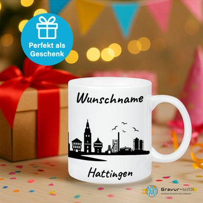 Tasse in Weiß 330ml bedruckt mit der Skyline von Hattingen personalisierbar mit Wunschname