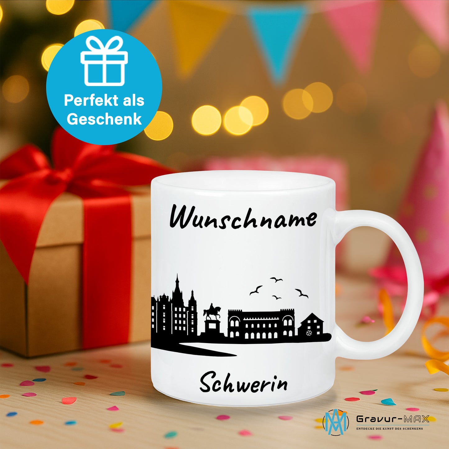 Tasse in Weiß 330ml bedruckt mit der Skyline von Schwerin personalisierbar mit Wunschname